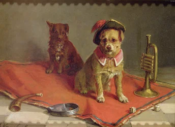 Chien avec chapeau militaire et collier avec trompette et dés